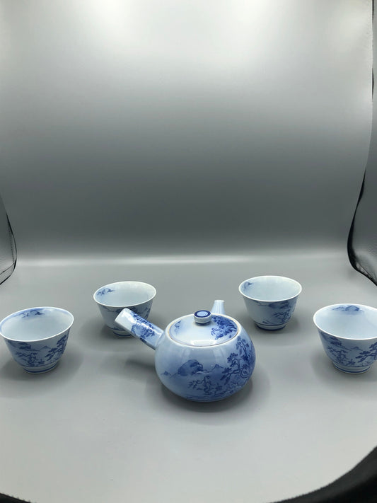 Blue Japanese teapot & 4 cups