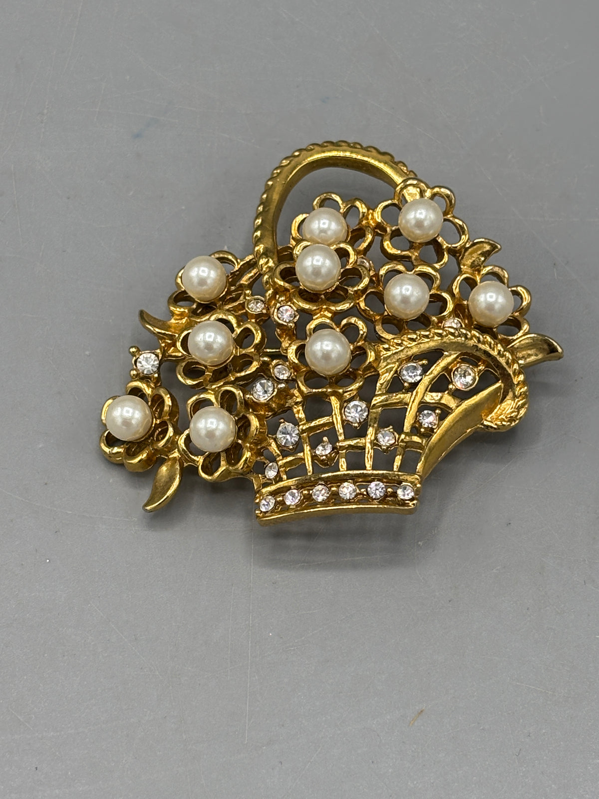 Vintage Napier gold tone Pearl & Crystal basket brooch