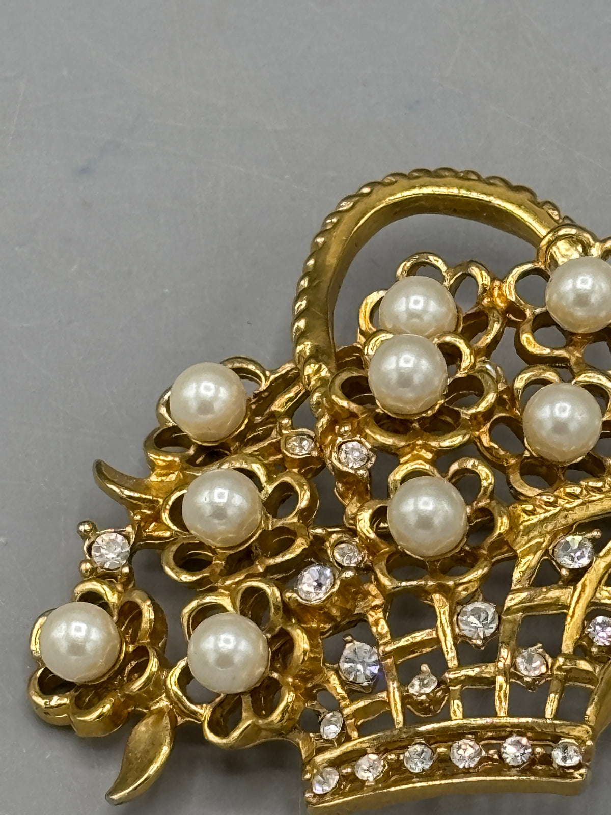 Vintage Napier gold tone Pearl & Crystal basket brooch