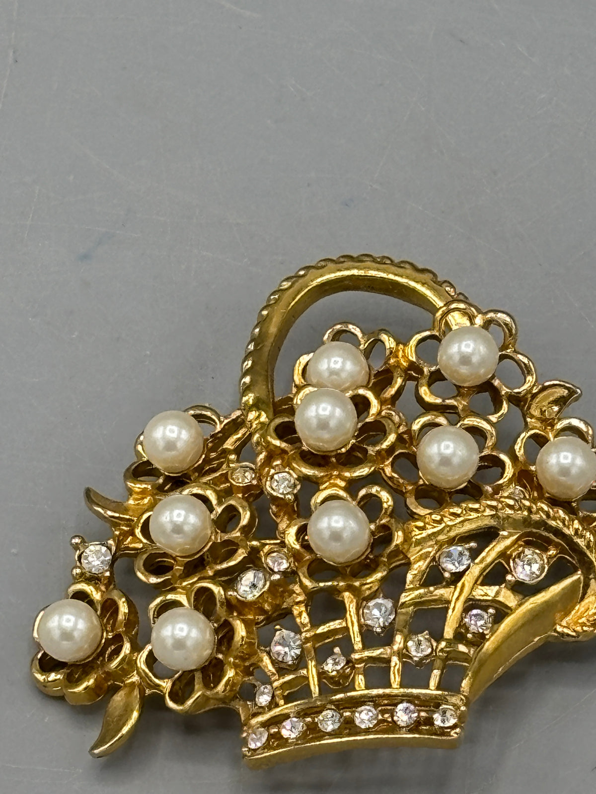 Vintage Napier gold tone Pearl & Crystal basket brooch