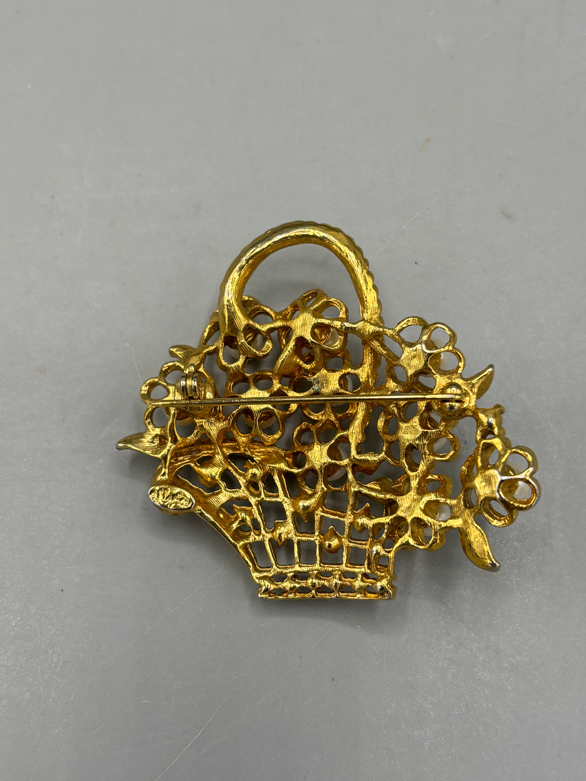 Vintage Napier gold tone Pearl & Crystal basket brooch
