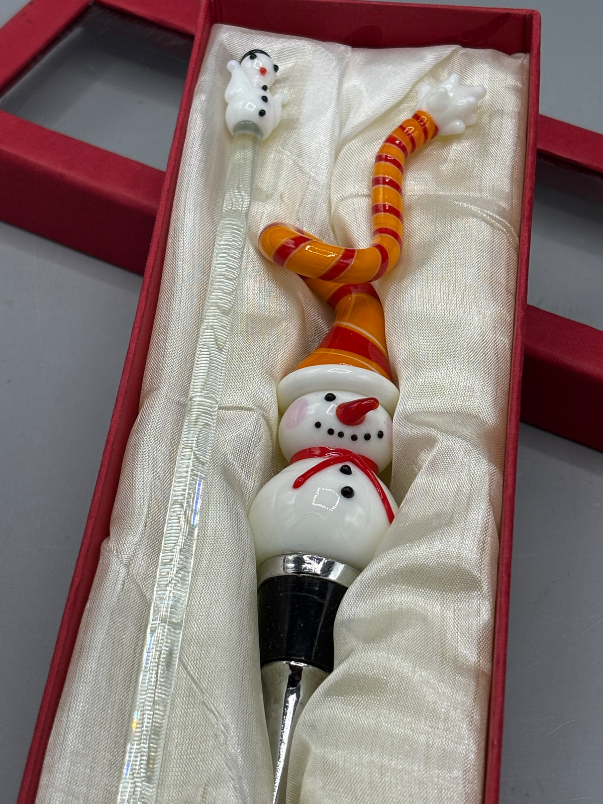 Glass snowman wine stopper & glass snowman stirrer in box