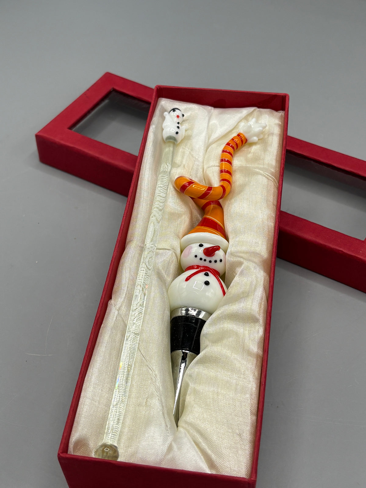 Glass snowman wine stopper & glass snowman stirrer in box