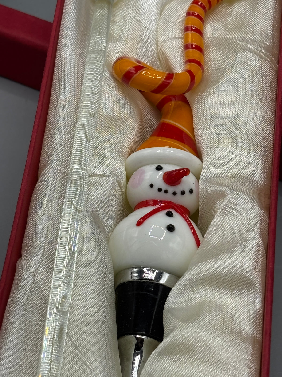 Glass snowman wine stopper & glass snowman stirrer in box