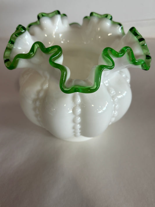 Vintage Fenton Milk Glass Emerald Crest Bowl/Vase