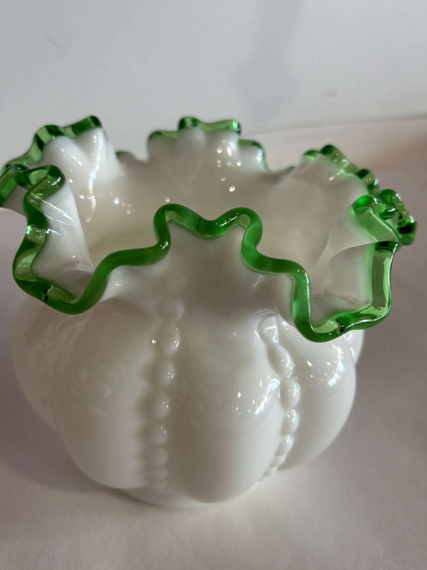 Vintage Fenton Milk Glass Emerald Crest Bowl/Vase