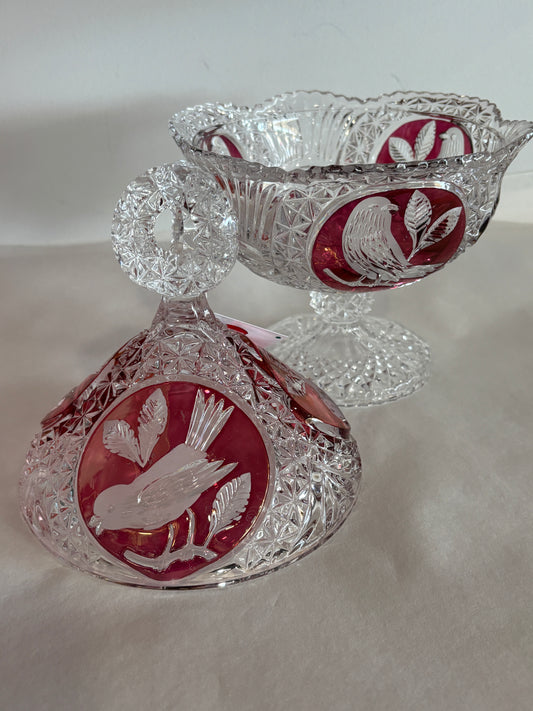 Hofbauer Red Byrdes Crystal Footed Candy Dish w/ Lid