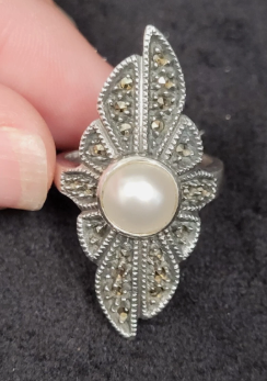 Judith Jack Sterling Vintage Pearl and Marcasite Ring