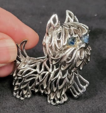 Vtg Park Lane Trembler Scottie Dog Terrier Silver Tone Blue Eye Pin Brooch