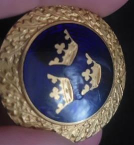 Cobalt Blue Enamel Sporrong Brooch with Tre Kronor Motif