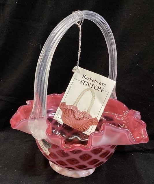 Fenton Cranberry Opalescent Diamond Optic Basket 9"
